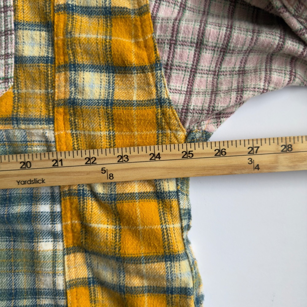 BDG Mixed Plaid Patchwork Oversized Flannel Shirt Womens Medium Yellow Pink Boho - Picture 8 of 12